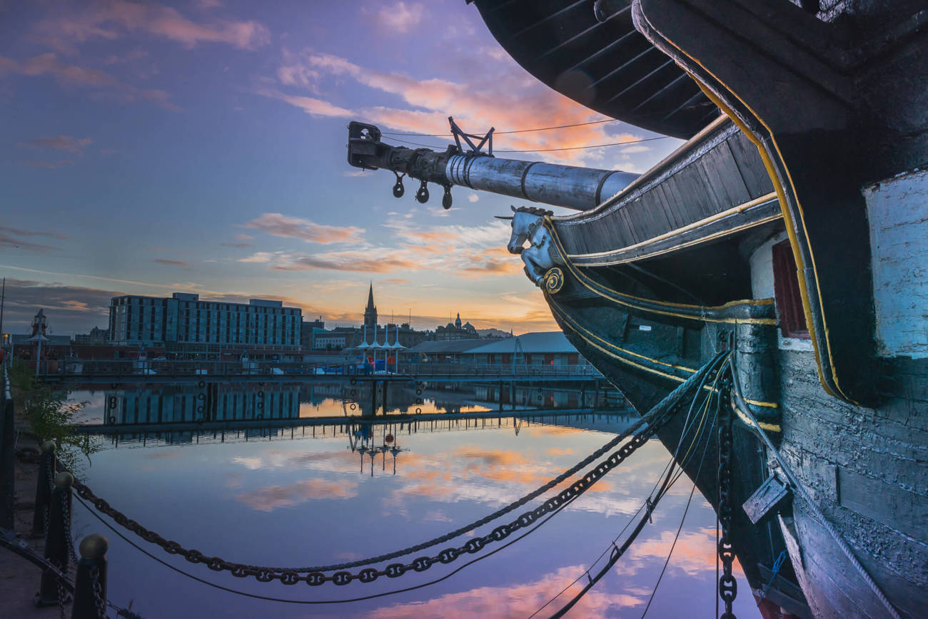HMS Unicorn in Dundee at dusk