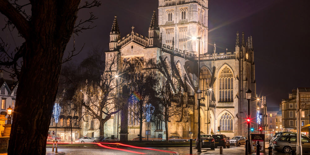 Bath Abbey lit up at night