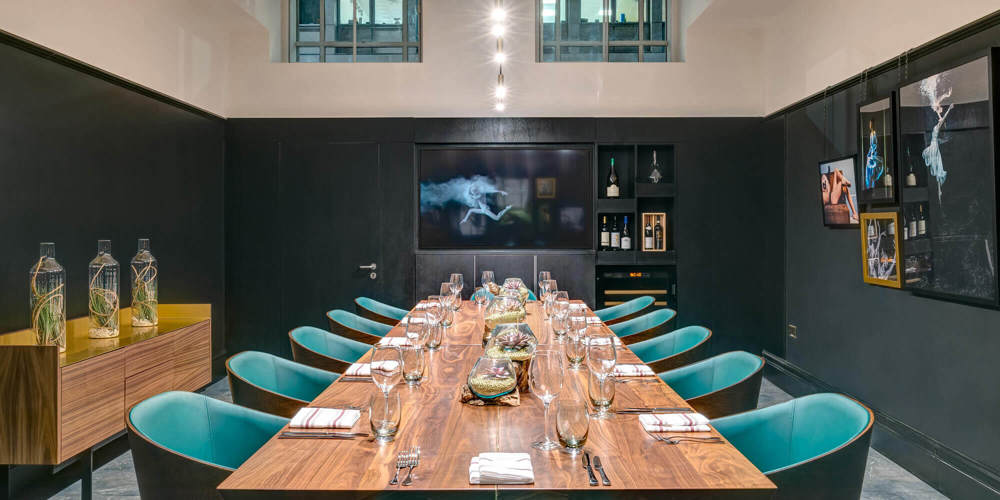 The Liberality Room set up boardroom style for private dining at Lazy Ballerinas