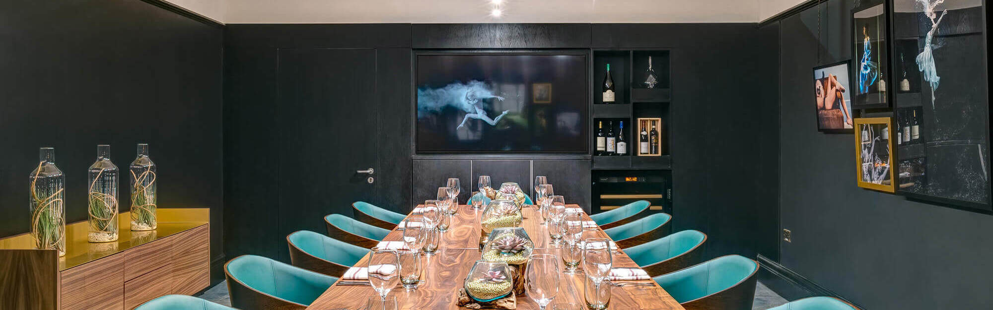 The Liberality Room set up boardroom style for private dining at Lazy Ballerinas