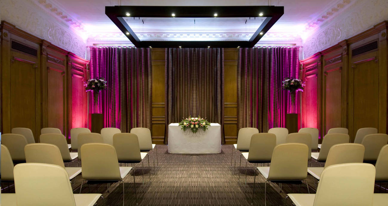Forth room at Apex Waterloo Place Hotel set up for wedding ceremony with altar, aisle and chairs