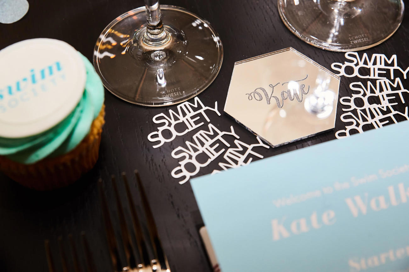 Bespoke table settings and cupcakes for Swim Society launch party